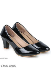 Black leather pumps with multiple heel styles (block, cone, spool, comma, pencil, slim, comfort, kitten), buckle detail, and cap toe - Indian partywear footwear